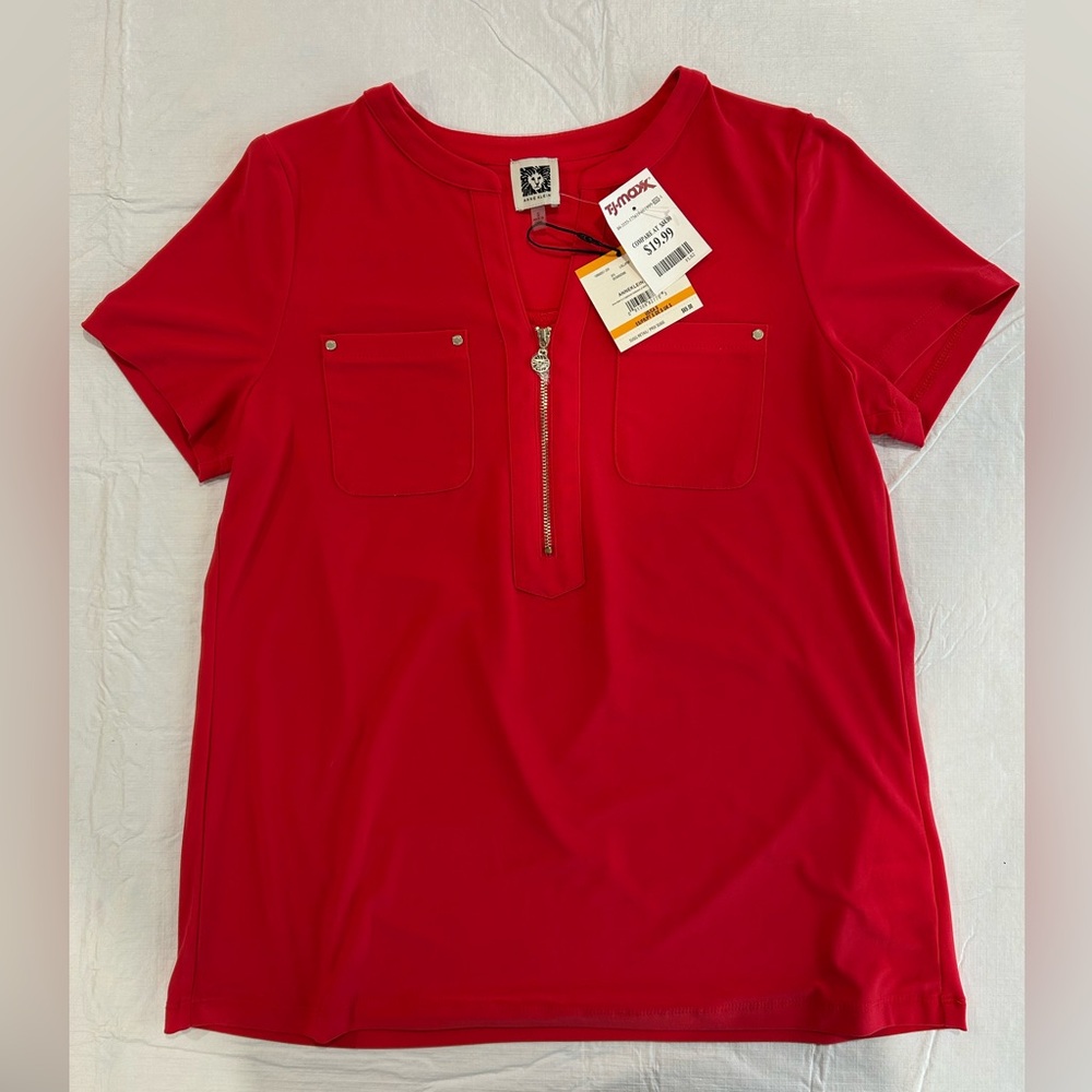 Anne Klein Vibrant Red Top with Zipper Accent